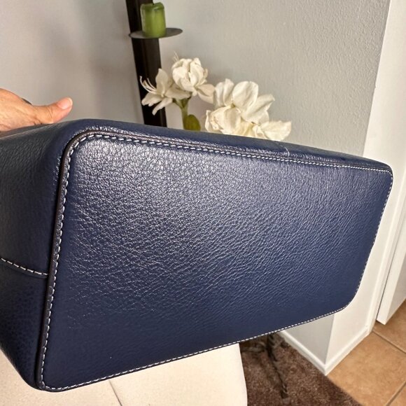 Michael Kors Logo Navy Blue Leather Tote Bag Purse | Dual Handles Front Pockets - Picture 4 of 15